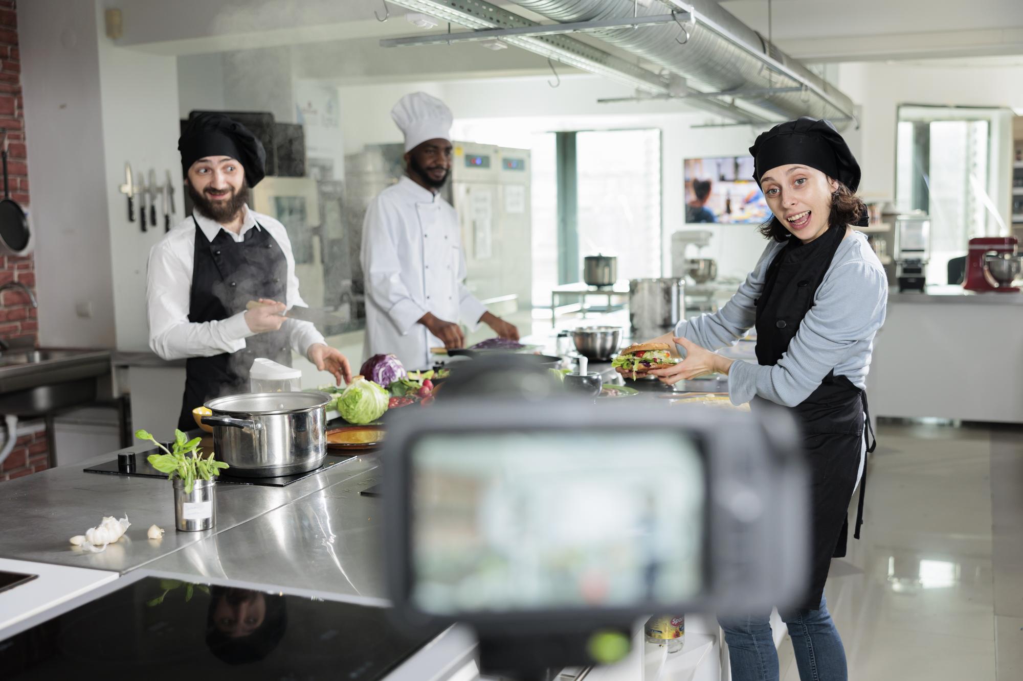 Studio workspace with chefs at counter